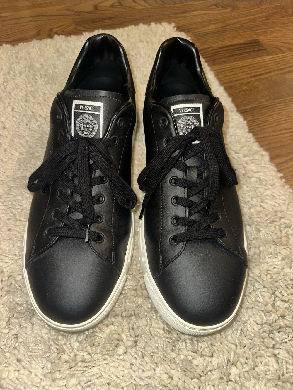 Versace Black Leather Low-Top Sneakers with White Soles